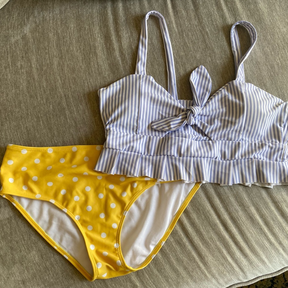 Shein Swim Set. Large Striped Top and Medium Yellow Polka Dot Bottoms